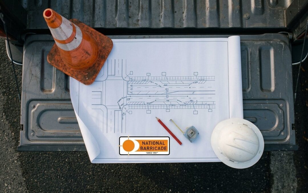 Traffic control plan drawing for a Seattle lane closure spread across a truck tailgate with an orange traffic cone, white hard hat, pencil and tape measure